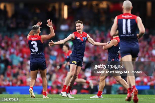 Bayley Fritsch of the Demons celebrates a goal during the round 24 AFL match between Sydney Swans and Melbourne Demons at Sydney Cricket Ground, on...