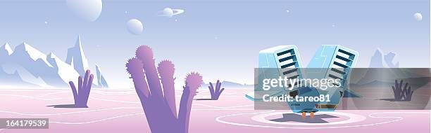 spaceship landing on lonely desert planet - hovering stock illustrations