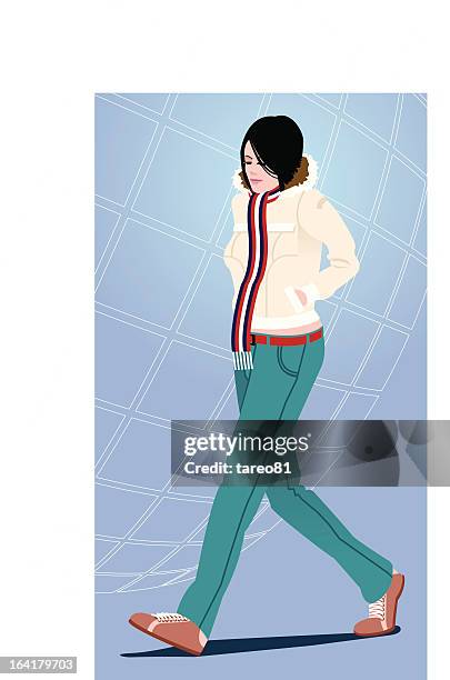 urban teenage girl wearing scarf, walking - hands in pockets vector stock illustrations