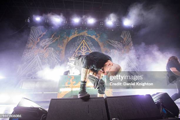 Randy Blythe of Lamb of God performs on stage at North Island Credit Union Amphitheatre on August 26, 2023 in Chula Vista, California.