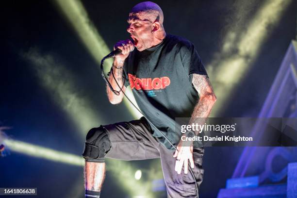 Randy Blythe of Lamb of God performs on stage at North Island Credit Union Amphitheatre on August 26, 2023 in Chula Vista, California.