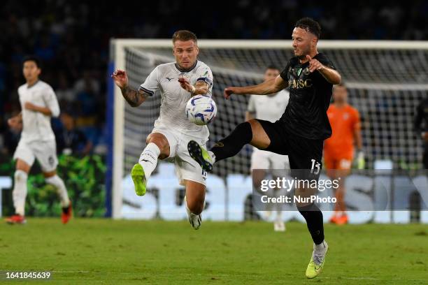 Ciro Immobile of S.S. Lazio and Amir Rrahmani of SSC Napoli during the 3rd day of the Serie A Championship between S.S.C Napoli - S.S. Lazio on...