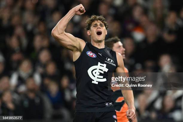 Charlie Curnow of the Blues celebrates kicking a goal during the round 24 AFL match between Carlton Blues and Greater Western Sydney Giants at Marvel...