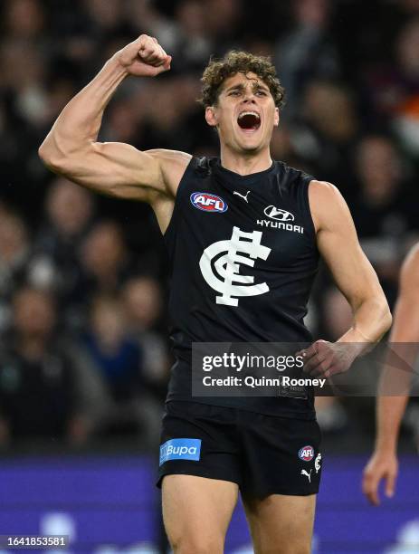 Charlie Curnow of the Blues celebrates kicking a goal during the round 24 AFL match between Carlton Blues and Greater Western Sydney Giants at Marvel...