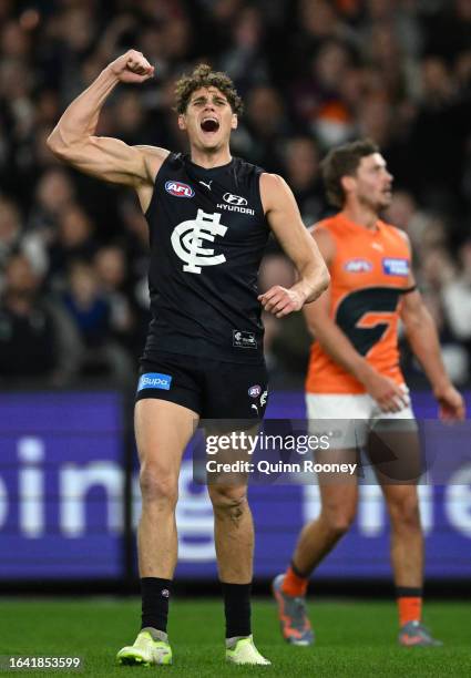 Charlie Curnow of the Blues celebrates kicking a goal during the round 24 AFL match between Carlton Blues and Greater Western Sydney Giants at Marvel...