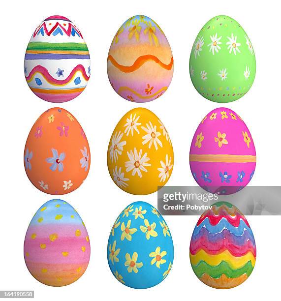 set of hand painted easter eggs - carton of eggs stockfoto's en -beelden