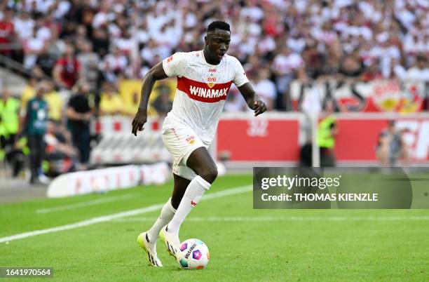 Stuttgart's Congolese forward Silas Katompa Mvumpa controls the ball during the German first division Bundesliga football match VfB Stuttgart v SC...