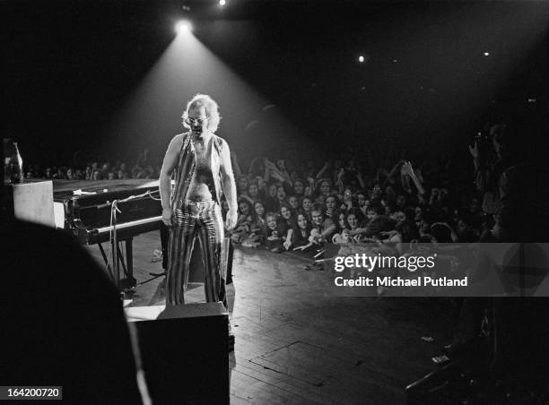 English singer-songwriter Elton John performing on stage, 1973.