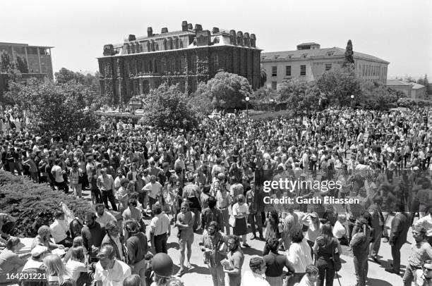 Elevated view of students and activists assembled in Spoul Plaza on the campus of the University of Berkeley for a protest related to the nearby...