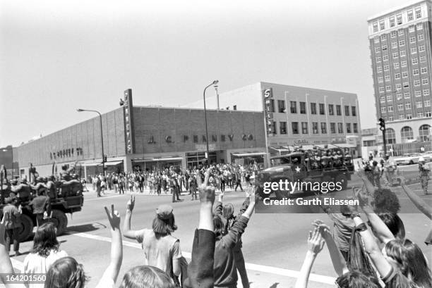 View of an unspecified intersection as California National Guardsmen arrive on the campus of the University of Berkeley during protests near People's...