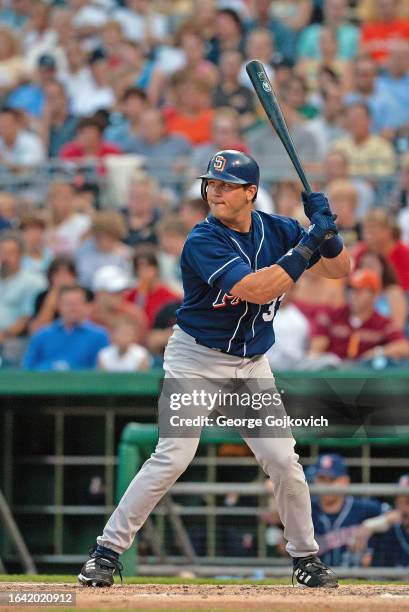 Sean Burroughs of the San Diego Padres bats against the Pittsburgh Pirates during a Major League Baseball game at PNC Park on July 30, 2003 in...