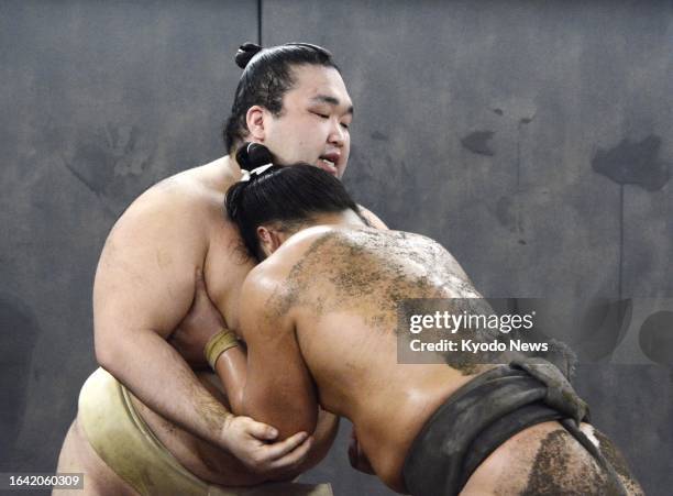 No. 5 maegashira Gonoyama trains in Tokyo on Sept. 3 ahead of the 15-day Autumn Grand Sumo Tournament at Ryogoku Kokugikan from Sept. 10.