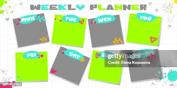 colorful notepad sheets with copy space on notepad sheet background with blots and freehand drawings. creative paper weekly in realistic style. - time management background stock illustrations