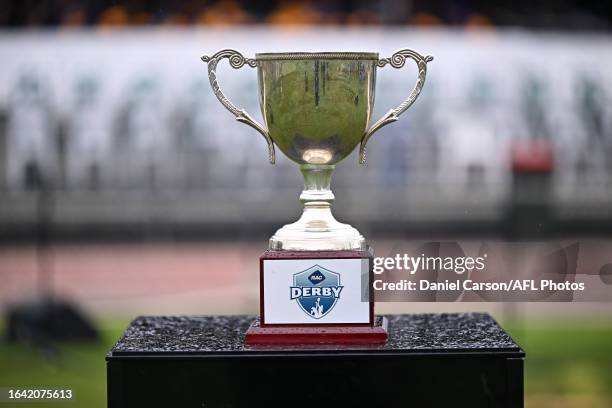 The RAC Derby Cup is seen during the 2023 AFLW Round 01 match between the Fremantle Dockers and the West Coast Eagles at Fremantle Oval on September...