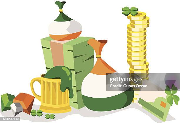 st.patrick's day-icons mit viel grün - ehemalige irische währung stock-grafiken, -clipart, -cartoons und -symbole