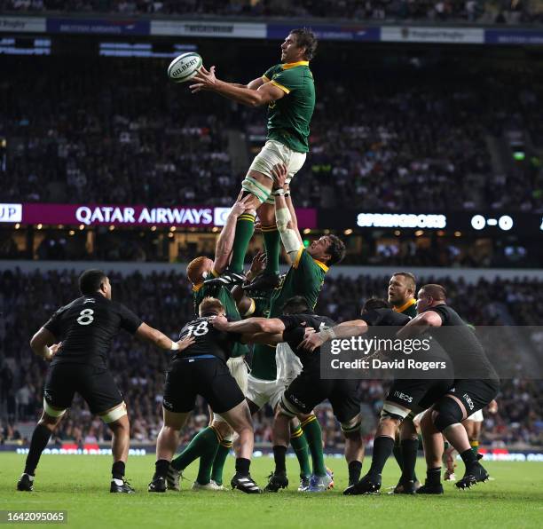 Eben Etzebeth of South Africa wins the lineout ball during the Summer International match between New Zealand All Blacks v South Africa at Twickenham...