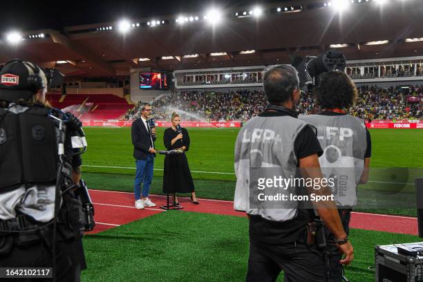Dominique ARMAND and Laure BOULLEAU, journalist of Canal+ of the TV set during the Ligue 1 Uber Eats match between Association Sportive de Monaco...