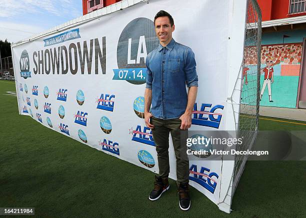 Professional basketball player Steve Nash of the Los Angeles Lakers attends an announcement for his charity soccer events at The Salvation Army Red...