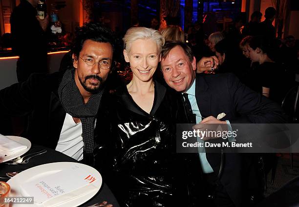 Haider Ackerman, Tilda Swinton and her brother Sandy Swinton attend the dinner to celebrate The David Bowie Is exhibition in partnership with Gucci...