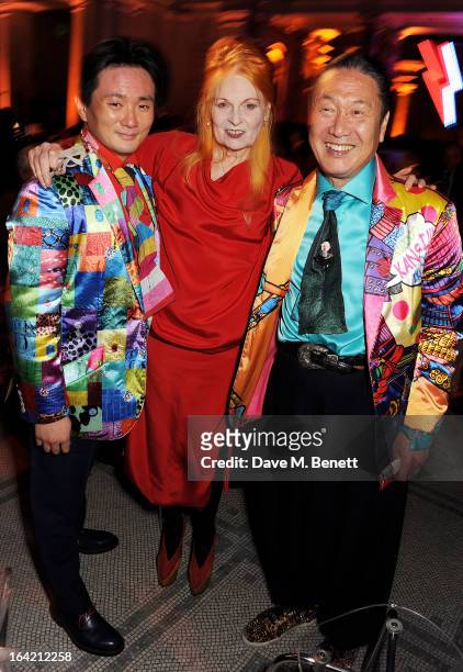 Taro Otsuka, Dame Vivienne Westwood and Kansai Yamamoto attend the dinner to celebrate The David Bowie Is exhibition in partnership with Gucci and...
