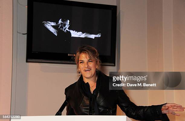 Tracey Emin speaks at the private view for the 'David Bowie Is' exhibition in partnership with Gucci and Sennheiser at the Victoria and Albert Museum...