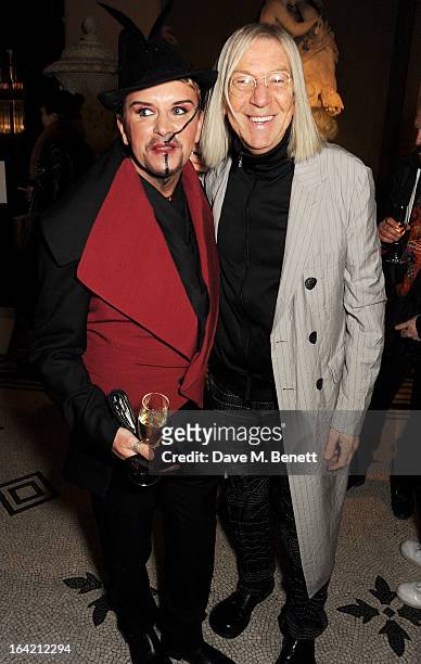 Kevin Rowland and Michael Costiff attend the private view for the 'David Bowie Is' exhibition in partnership with Gucci and Sennheiser at the...