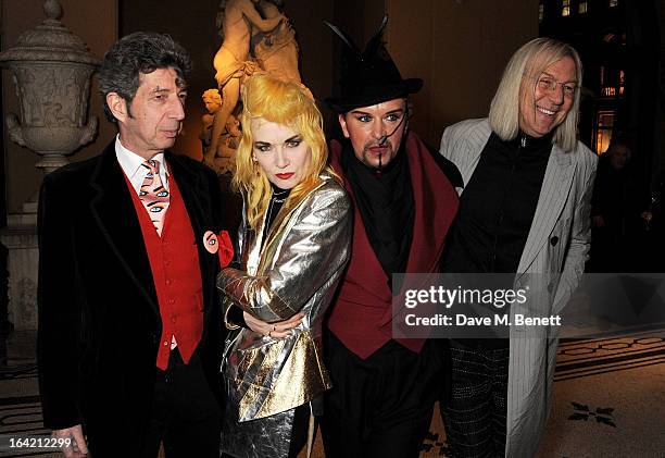 Duggie Fields, Pam Hogg, Steve Strange and Michael Costiff attend the private view for the 'David Bowie Is' exhibition in partnership with Gucci and...