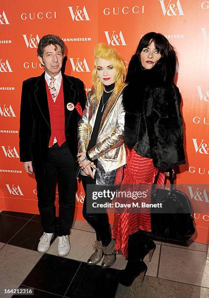 Duggie Fields, Pam Hogg and guest attend the private view for the 'David Bowie Is' exhibition in partnership with Gucci and Sennheiser at the...