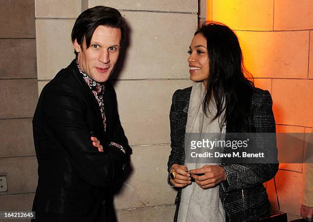 Matt Smith and Rosario Dawson attend the private view for the 'David Bowie Is' exhibition in partnership with Gucci and Sennheiser at the Victoria...