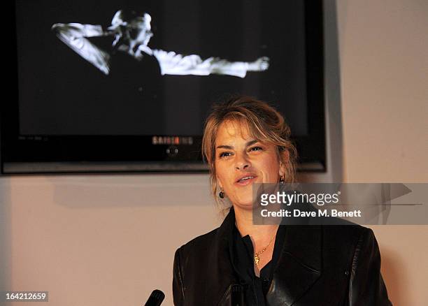 Tracey Emin speaks at the private view for the 'David Bowie Is' exhibition in partnership with Gucci and Sennheiser at the Victoria and Albert Museum...