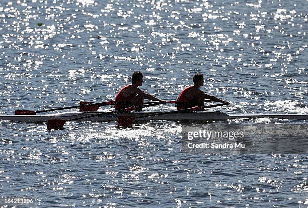 Rowers race during day four of the Maadi Cup at Lake Karapiro on March 21, 2013 in Cambridge, New Zealand.