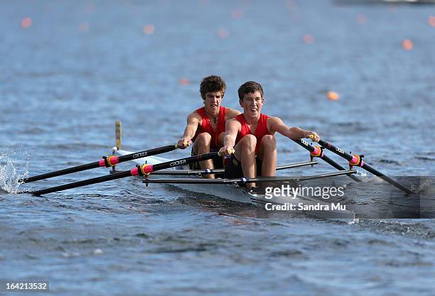 John Paul's Colegiate boys U18 double race in the first semi final during day four of the Maadi Cup at Lake Karapiro on March 21, 2013 in Cambridge,...