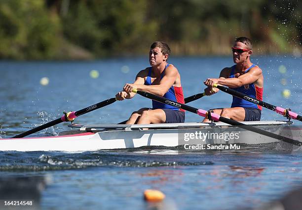 St Thomas Of Canterbury boys U17 double race in the second semi final during day four of the Maadi Cup at Lake Karapiro on March 21, 2013 in...