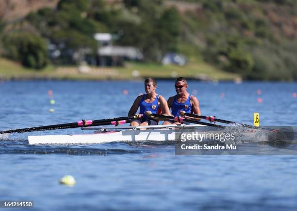 St Thomas Of Canterbury boys U17 double race in the second semi final during day four of the Maadi Cup at Lake Karapiro on March 21, 2013 in...