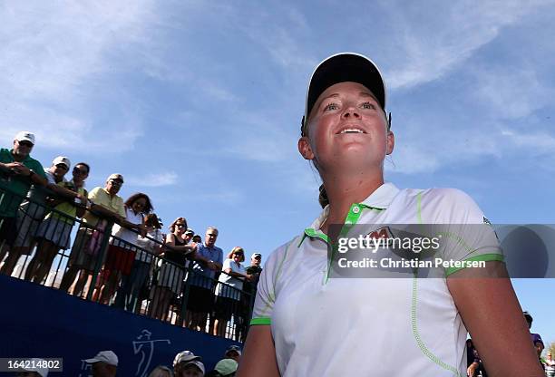 Stacy Lewis reacts to the fans after winning the the RR Donnelley LPGA Founders Cup at Wildfire Golf Club on March 17, 2013 in Phoenix, Arizona.