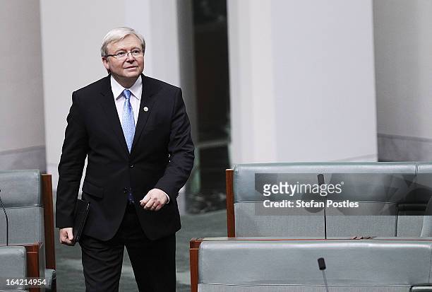 Kevin Rudd arrives for House of Representatives question time on March 21, 2013 in Canberra, Australia. Australian Prime Minister Julia Gillard has...