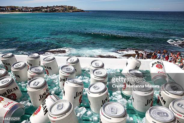 The Bondi Icebergs Pool was converted into a giant esky ice chest during the filiming of a Jim Beam commercial at Bondi Icebergs on March 21, 2013 in...