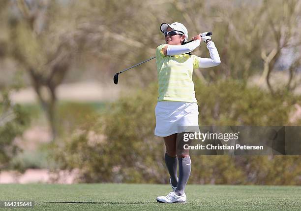 Ai Miyazato of Japan hits a tee shot during the final round of the RR Donnelley LPGA Founders Cup at Wildfire Golf Club on March 17, 2013 in Phoenix,...