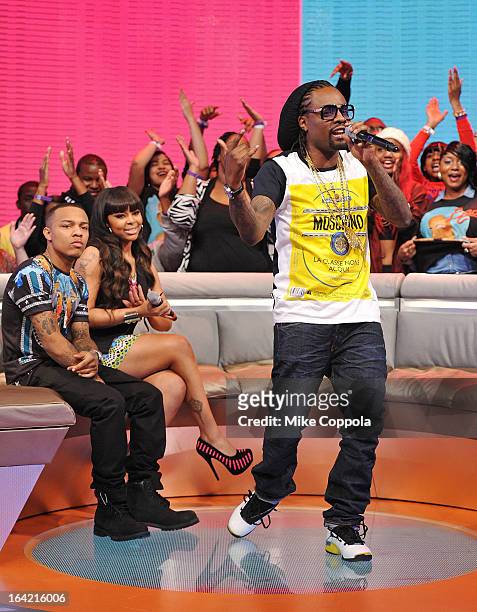 Rapper Bow Wow and actress Paigion interview rapper Wale on BET's 106th & Park show at 106 & Park Studio on March 20, 2013 in New York City.