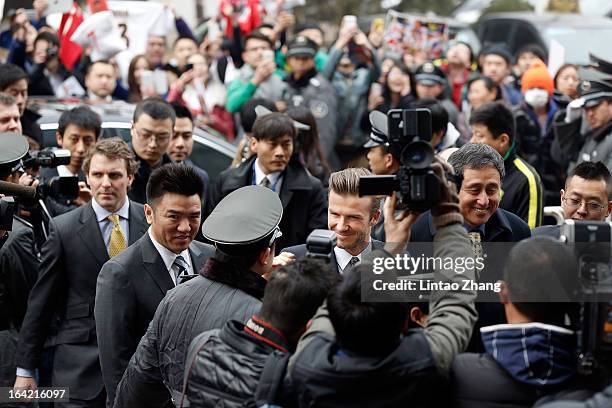 British football player David Beckham visits Beijing Guo'an Football Club at Workers Stadium on March 21, 2013 in Beijing, China. David Beckham is on...