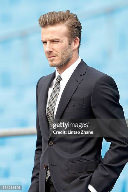 British football player David Beckham visits Beijing Guo'an Football Club at Workers Stadium on March 21, 2013 in Beijing, China. David Beckham is on...