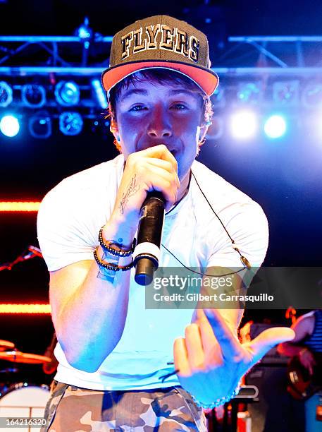 Singer Drew Chadwick of Emblem3 performs at the Theatre of the Living Arts on March 20, 2013 in Philadelphia, Pennsylvania.