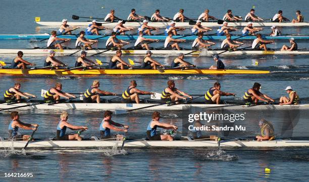 The boys U18 eight leave the start pontoon in the first repecharge during day four of the Maadi Cup at Lake Karapiro on March 21, 2013 in Cambridge,...