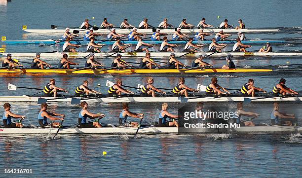 The boys U18 eight leave the start pontoon in the first repecharge during day four of the Maadi Cup at Lake Karapiro on March 21, 2013 in Cambridge,...