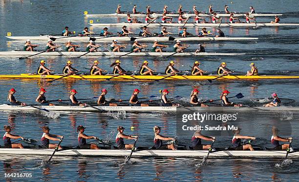 The girls U18 eight leave the start pontoon in the first repecharge during day four of the Maadi Cup at Lake Karapiro on March 21, 2013 in Cambridge,...
