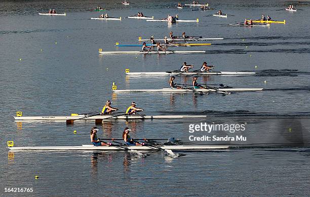 The girls U16 double sculls D final leave the start pontoon during day four of the Maadi Cup at Lake Karapiro on March 21, 2013 in Cambridge, New...