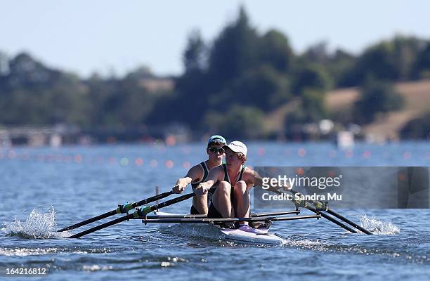 Rupert Jackman and William Morris-Whyte of Rangiora High School race in the boys U17 double scull second semi final during day four of the Maadi Cup...