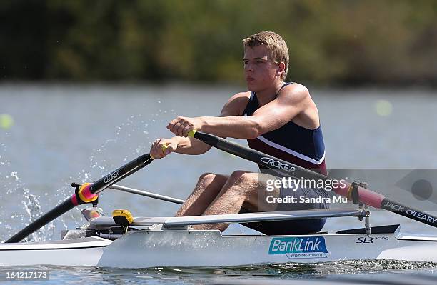 Jack O'Leary of Kavanagh College races in the second semi final of the boys U18 single scull during day four of the Maadi Cup at Lake Karapiro on...