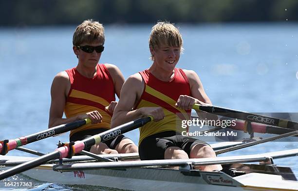 Dylan Milford and Rowan Haveron of James Hargest College race in the boys U16 double scull second semi final during day four of the Maadi Cup at Lake...