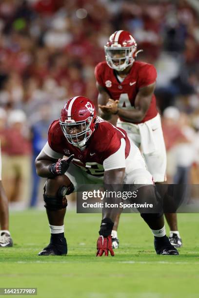 Alabama Crimson Tide offensive lineman Tyler Booker lines up during a college football game against the Middle Tennessee Blue Raiders on September...